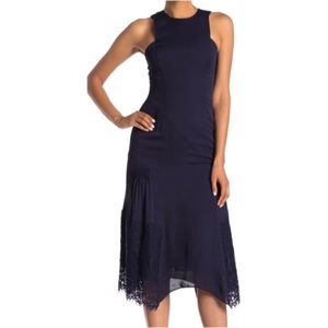 REISS Romie Lace Asymmetrical Hem Crew Neck Sleeveless Midi Dress, Navy